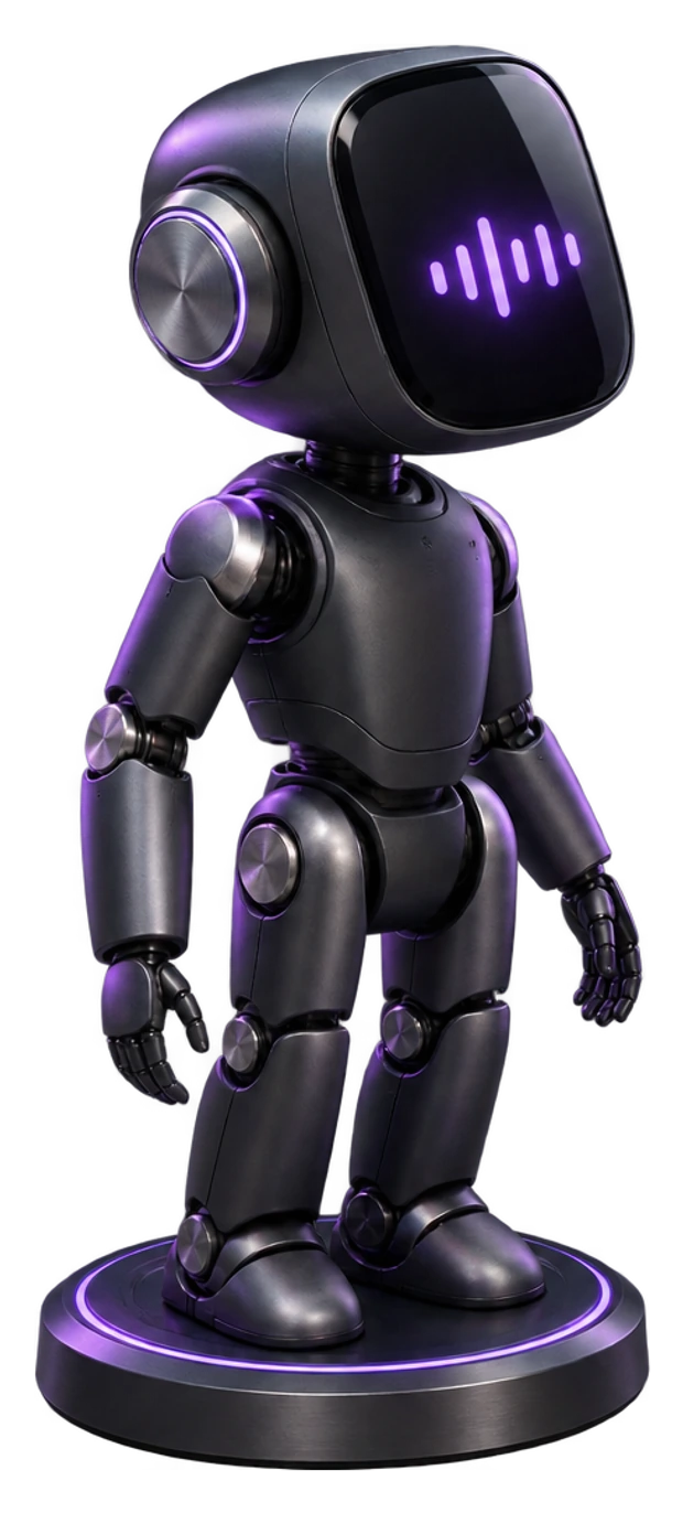 A small dark metal robot standing on a lit base, its face a glass panel showing a violet sound wave, as though it is part way through an answer. Its hands are empty and it is holding no tools.