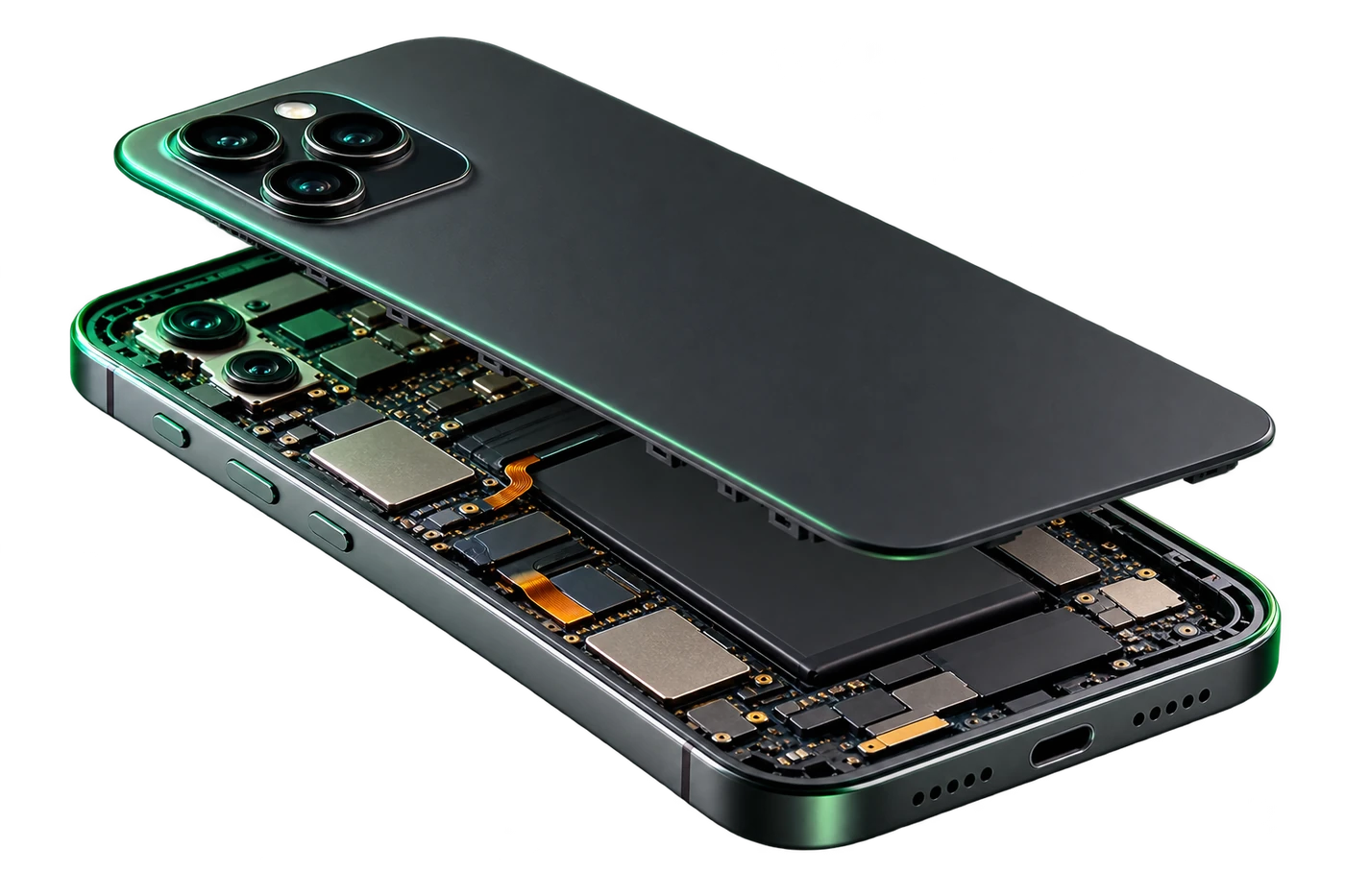 A smartphone opened up, its back cover lifted clear of the board, battery and camera modules inside.