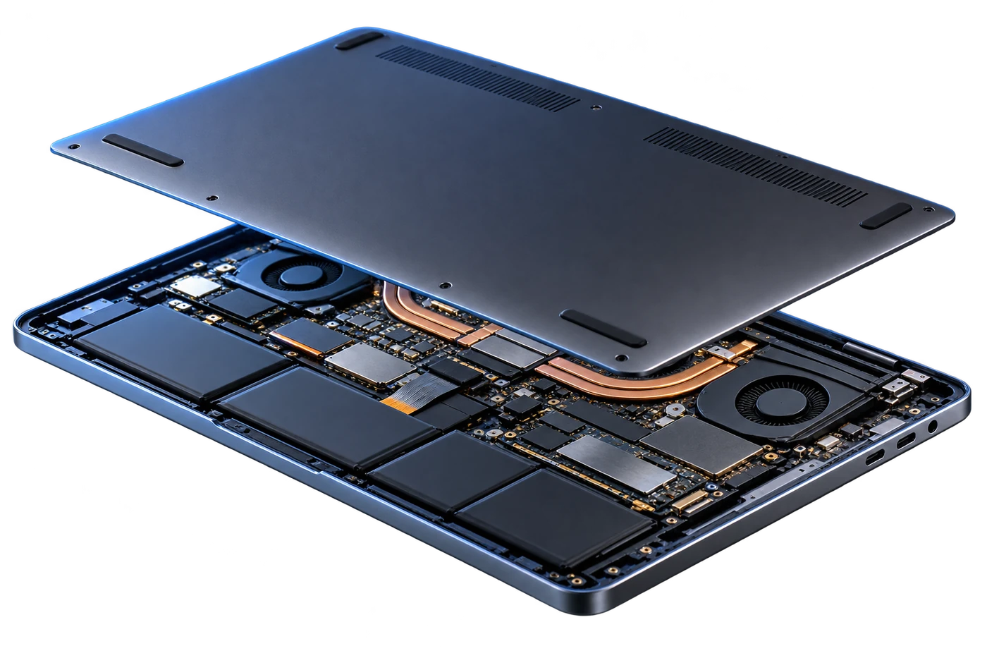 A laptop opened up, the bottom panel lifted clear of the chassis, showing the battery cells, mainboard, copper heat pipes and twin fans.