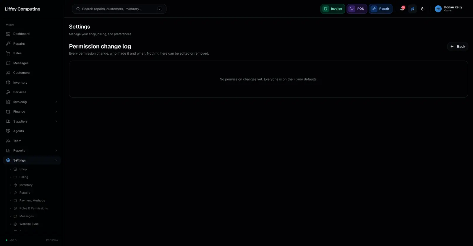 The permission change log listing each change with the person who made it, the previous value, the new value and the reason.