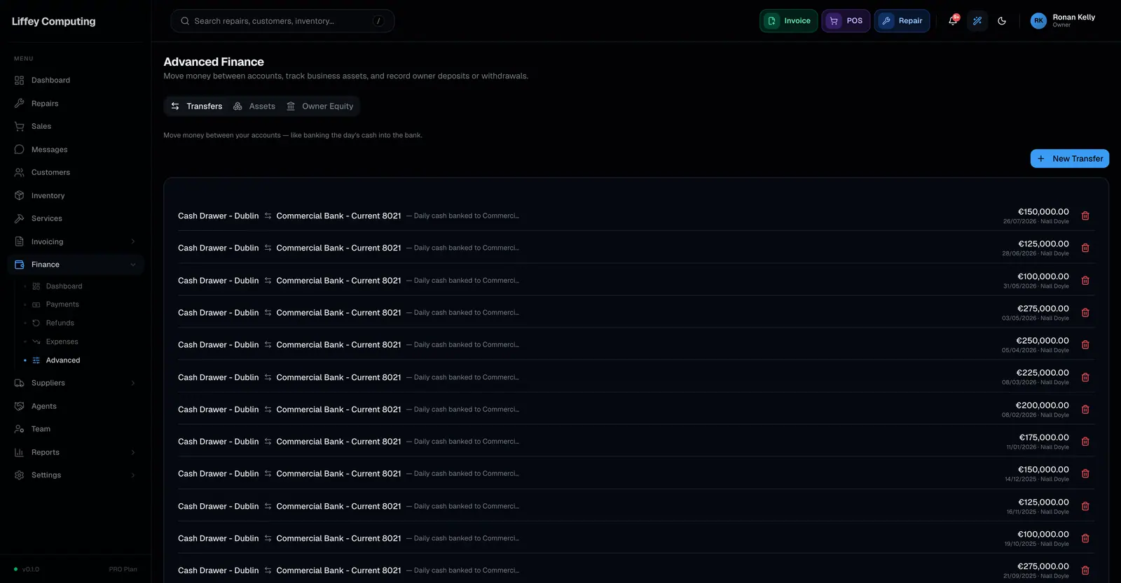 The advanced finance view showing capital assets and owner transactions, with money put into the shop and taken out of it recorded separately.