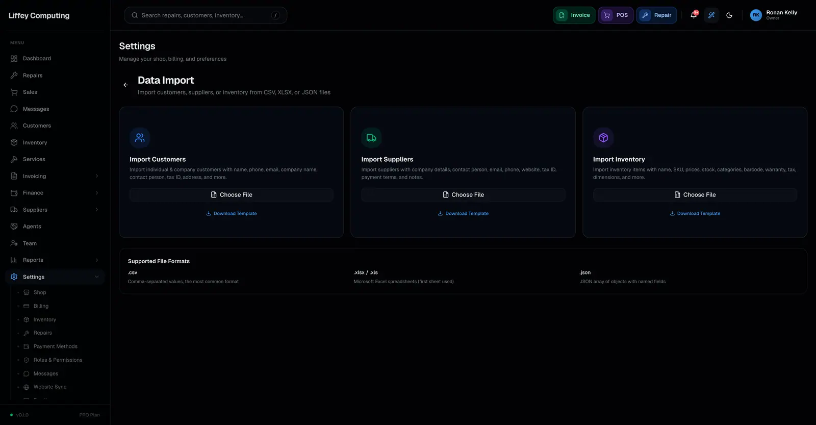 The import screen offering customers, suppliers and inventory, with the file formats accepted and the column mapping step.