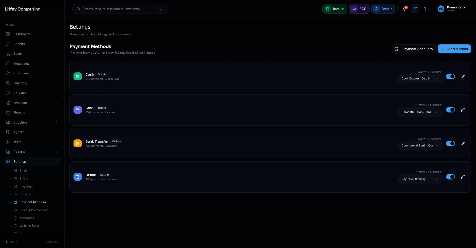 The payment methods screen showing the four built-in methods alongside the shop's own custom ones, each with its default account.