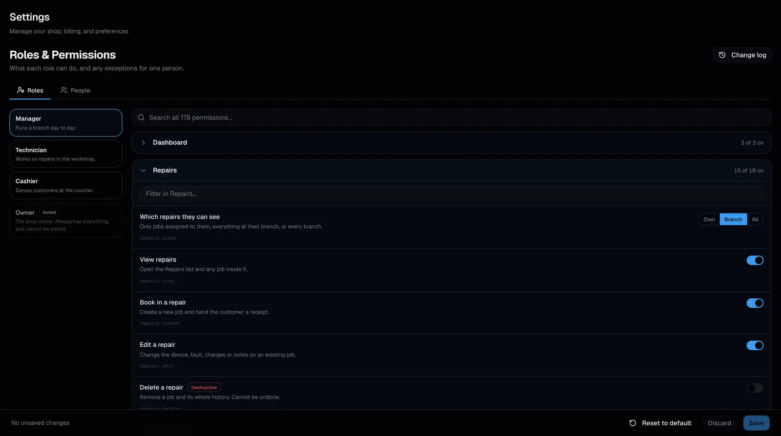 Liffey Computing's role permissions, with access settings grouped by module.