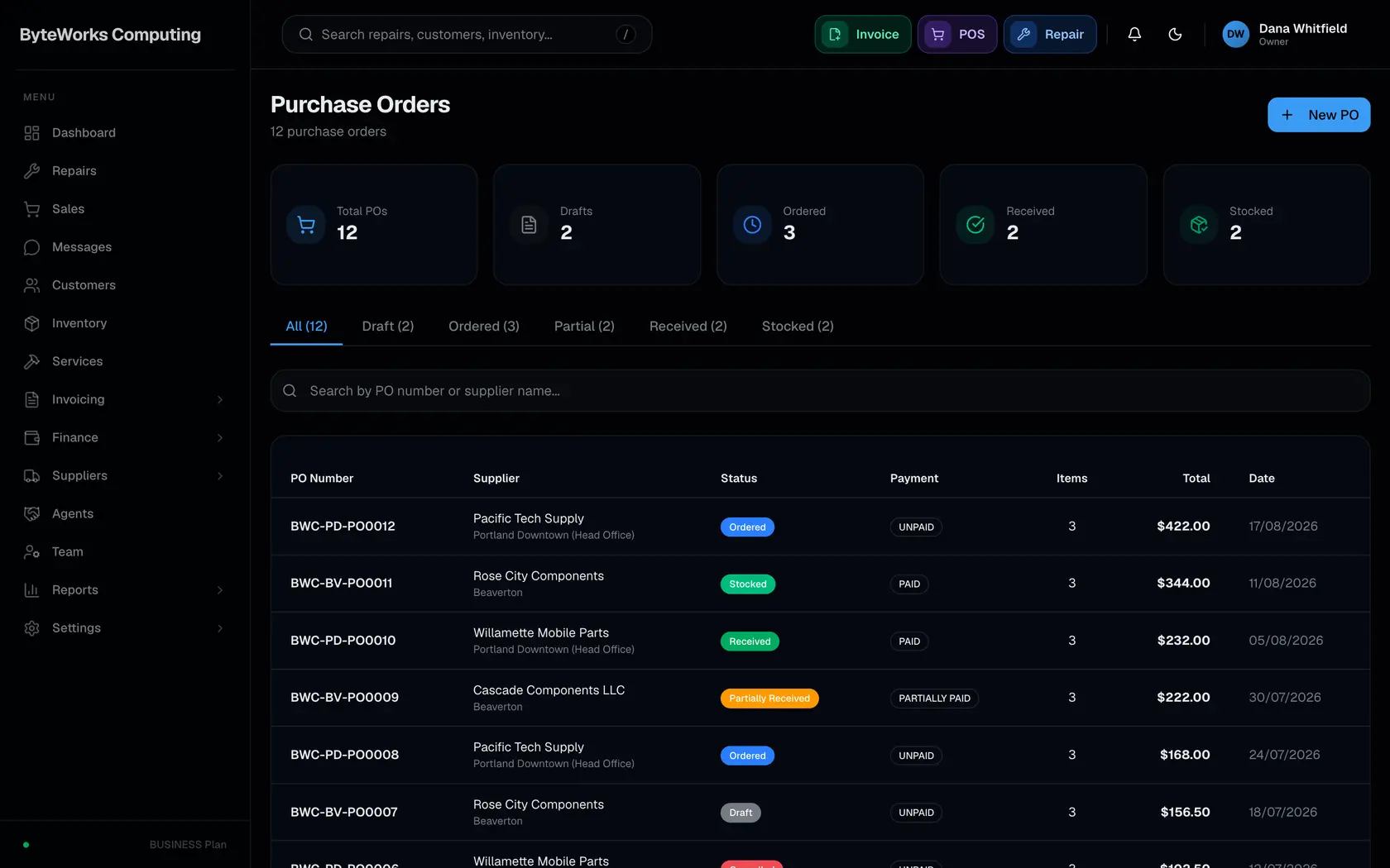 The Fixmo purchase orders list, showing orders raised against suppliers with their status, whether they are paid and their totals.