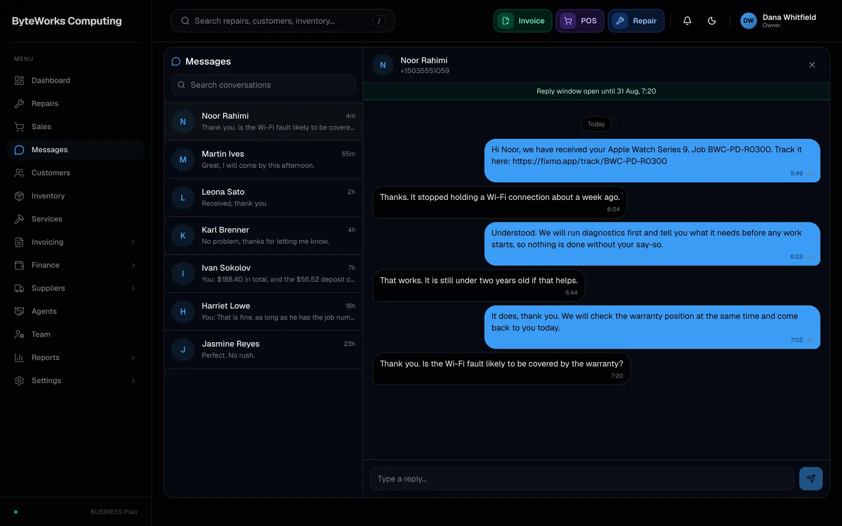 The Fixmo message inbox, showing customer conversations with the newest still unread, and one thread open beside the list.